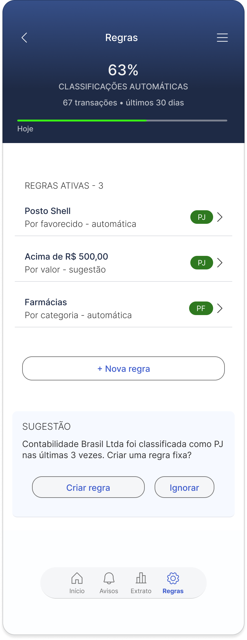 Tela do aplicativo mostrando a Central de Regras com fornecedores fixos, valor, débitos recorrentes e horário comercial.