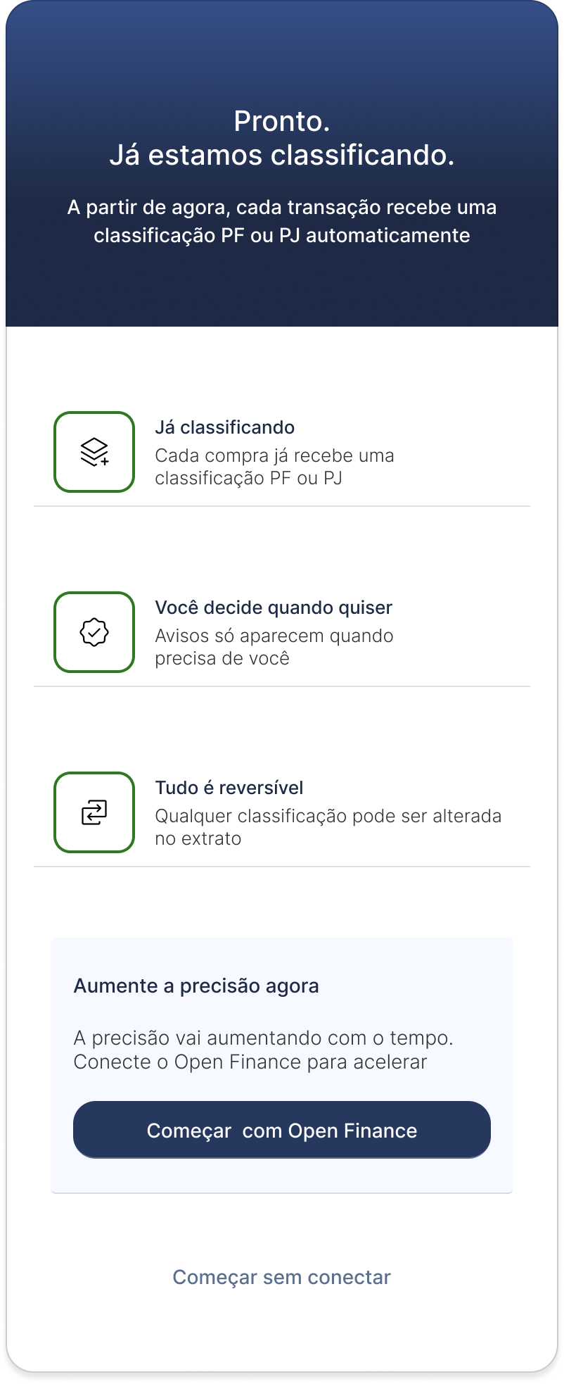 Ativação do classificador PF/PJ: o sistema começa a operar imediatamente, com opções de aumento de precisão e controle pelo usuário.